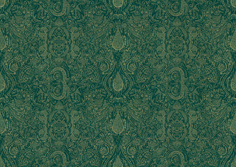 Hand-drawn unique abstract symmetrical seamless gold ornament on a dark cold green background. Paper texture. Digital artwork, A4. (pattern: p01b)
