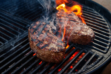 Barbecue dry aged wagyu roast beef steak grilled as close-up on a charcoal grill with fire and smoke