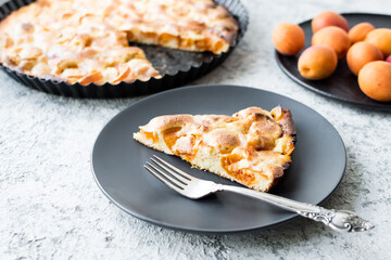 Homemade apricot tart on grey concrete background