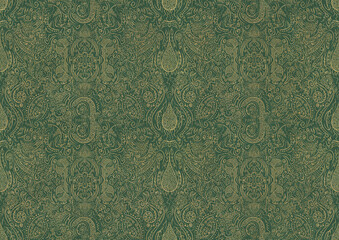 Hand-drawn unique abstract symmetrical seamless gold ornament of golden glitter on a warm green background. Paper texture. Digital artwork, A4. (pattern: p01b)