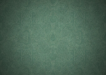 Hand-drawn unique abstract symmetrical seamless ornament. Dark semi transparent green on a light cold green with vignette of a darker background color. Paper texture. A4. (pattern: p01b)