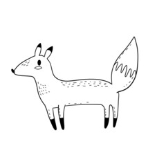 Cute fox in modern cartoon style. Black and white vector illustration.