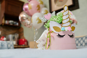 birthday holiday event for children with decoration in a unicorn