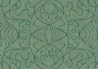 Hand-drawn unique abstract seamless ornament. Dark green on light cold green background, with splatters of golden glitter. Paper texture. Digital artwork, A4. (pattern: p02-1a)