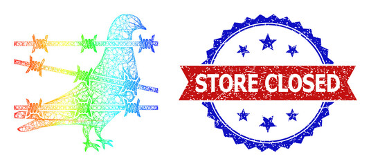 Mesh net bird jail framework icon with spectral gradient, and bicolor unclean Store Closed seal stamp. Red seal includes Store Closed text inside blue rosette. Colorful frame mesh bird jail icon.