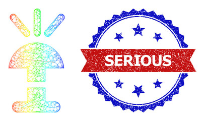 Network alarm ring frame icon with rainbow gradient, and bicolor dirty Serious seal stamp. Red stamp contains Serious title inside blue rosette. Bright frame network alarm ring icon.