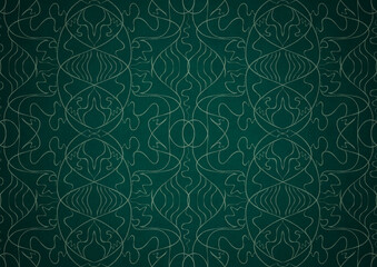 Hand-drawn unique abstract symmetrical seamless ornament. Bright green on a deep cold green with vignette of a darker background color. Paper texture. Digital artwork, A4. (pattern: p02-1b)