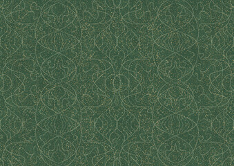 Hand-drawn unique abstract seamless ornament. Light green on a darker warm green background, with splatters of golden glitter. Paper texture. Digital artwork, A4. (pattern: p02-1b)