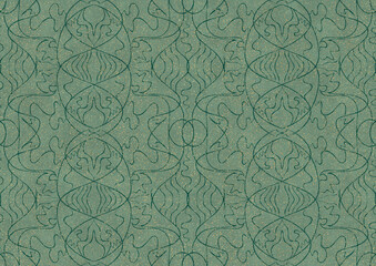 Hand-drawn unique abstract seamless ornament. Dark green on light cold green background, with splatters of golden glitter. Paper texture. Digital artwork, A4. (pattern: p02-1b)