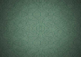 Hand-drawn unique abstract symmetrical seamless ornament. Dark semi transparent green on a light cold green with vignette of a darker background color. Paper texture. A4. (pattern: p02-1b)