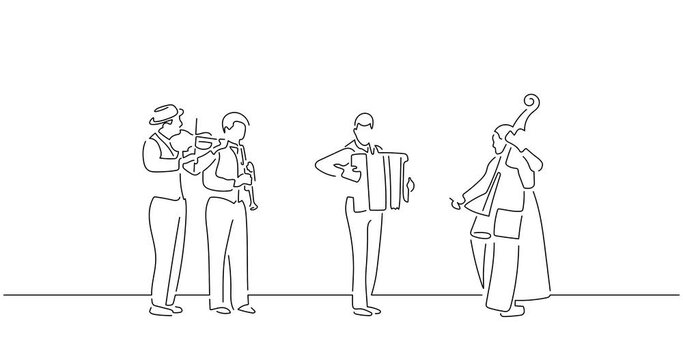 Jazz band in line art animation. Video footage of a group of musicians playing music. Black linear video on white background. Animated gif illustration design.