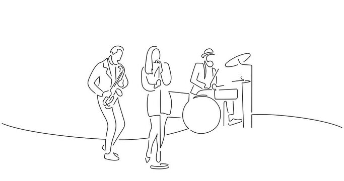 Rock band in line art animation. Video footage of a group of musicians playing music. Black linear video on white background. Animated gif illustration design.