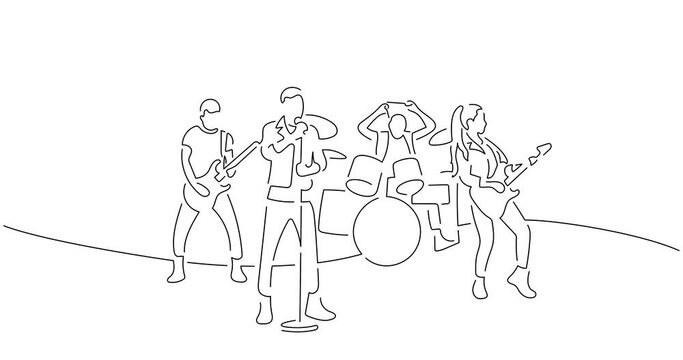 Rock band in line art animation. Video footage of a group of musicians playing music. Black linear video on white background. Animated gif illustration design.