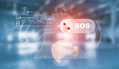 Hand touch button Emergency app in home, call phone, Chat message icon, Emergency application from...