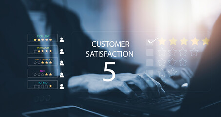 Hand using laptop with Customer review satisfaction feedback survey concept, User give rating to service experience on online application, service leading to reputation ranking of business. - obrazy, fototapety, plakaty