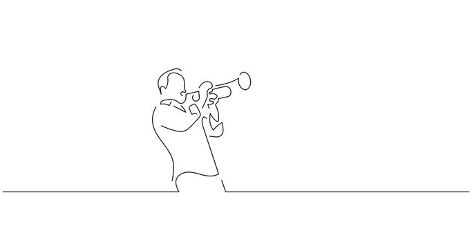 Trumpet player in line art animation. Video footage of musician playing music. Black linear video on white background. Animated gif illustration design.