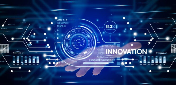 Innovation with Graphical User Interface Concept, businessman pointing on a virtual panoramic screen. Innovative ideas presented by management consultants on-screen, design, invention development