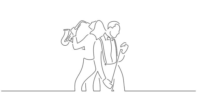 Jazz musicians in line art animation. Video footage of a couple playing music. Black linear video on white background. Animated gif illustration design.