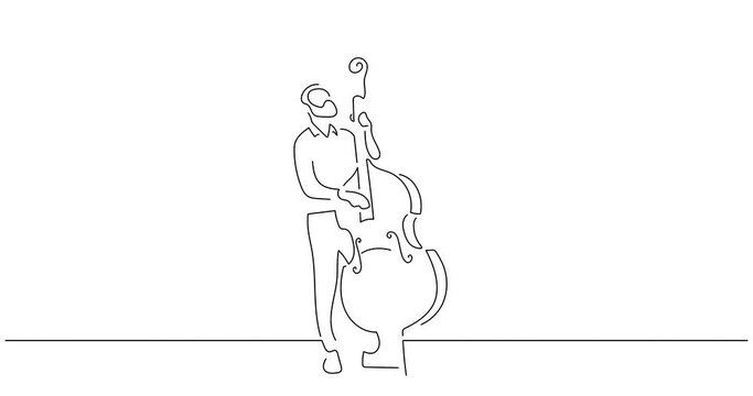 Double bass player in line art animation. Video footage of musician playing music. Black linear video on white background. Animated gif illustration design.