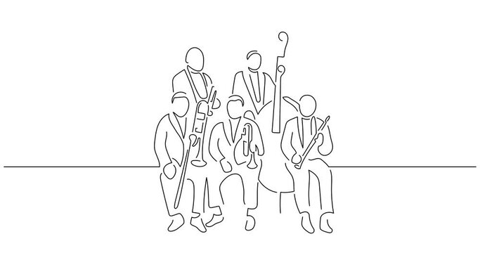 Jazz band in line art animation. Video footage of a group of jazz musicians. Black linear video on white background. Animated gif illustration design.