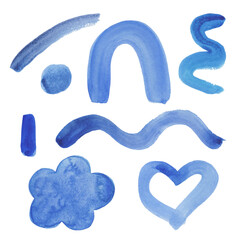 a set of blue watercolor abstract elements, spots and shapes: flower, wavy and straight lines, dot, heart, etc.