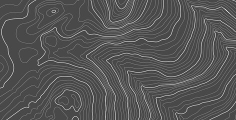 The stylized height of the topographic map contour in lines and contours. The concept of a conditional geography scheme and the terrain path. White on dark gray. Ultra wide size. Vector illustration.