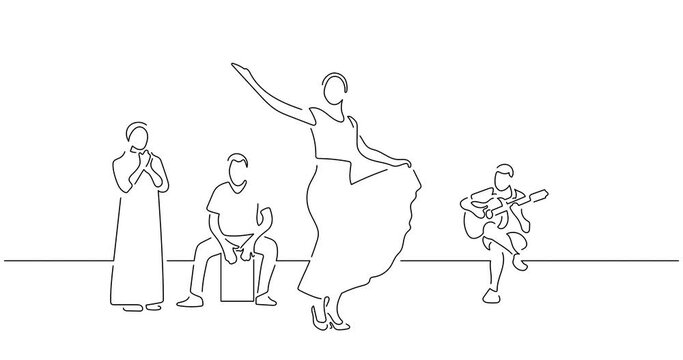 Flamenco music band in line art animation. Video footage of a group of musicians playing music. Black linear video on white background. Animated gif illustration design.