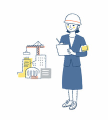 土木・建築関連の仕事をする女性と建築現場