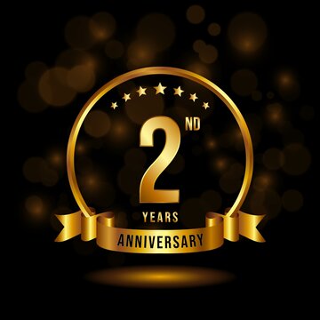 2 years anniversary logo with golden ring and ribbon for booklet, leaflet, magazine, brochure poster, banner, web, invitation or greeting card. Vector illustrations.