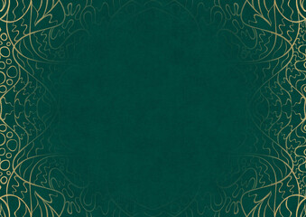 Dark cold green textured paper with vignette of golden hand-drawn pattern. Copy space. Digital artwork, A4. (pattern: p02-2a)