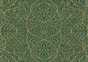 Hand-drawn unique abstract symmetrical seamless gold ornament and splatters of golden glitter on a warm green background. Paper texture. Digital artwork, A4. (pattern: p02-2a)
