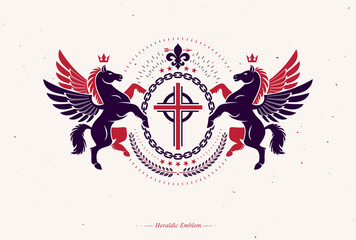 Vector emblem created in vintage heraldic design. Retro style label composed using mythic Pegasus, religious cross and royal crown.