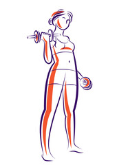 Young attractive woman with perfect muscular body training vector illustration isolated, sport exercises active lifestyle.