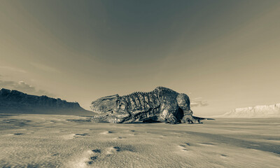 giganotosaurus is lying down on sunset desert bottom view © DM7