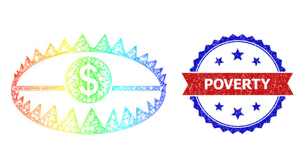 Crossing mesh bank trap framework icon with rainbow gradient, and bicolor textured Poverty seal stamp. Red stamp seal has Poverty caption inside blue rosette. Colored carcass network bank trap icon.