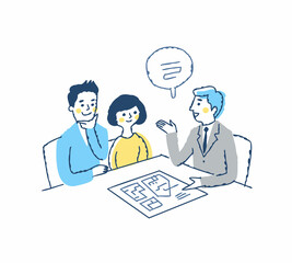 設計図の説明をしているビジネスマンと説明を聞くカップル