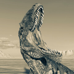 giganotosaurus is with the jaws wide open on sunset desert © DM7
