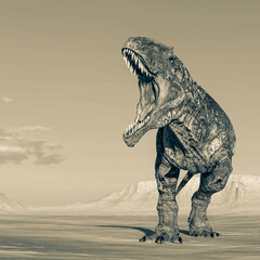 giganotosaurus is angry with the  jaws wide open on sunset desert
