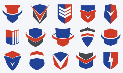 Set of different designs of shields for branding, ammo protection symbols collection, antivirus or sport theme, insurance or guarantee.