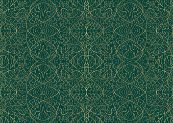 Hand-drawn unique abstract symmetrical seamless gold ornament on a dark cold green background. Paper texture. Digital artwork, A4. (pattern: p02-2b)