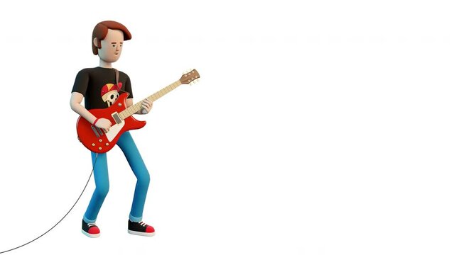 3d rock guitarist plays the electric guitar. Rock musician with electric guitar performs a song. Looped animation with alpha channel.