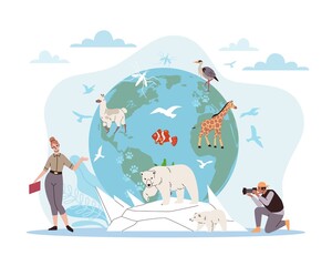 Biodiversity of planet. Conservation of fauna, different animals, birds and insects on earth, nature reserve workers and biologists, balance in environment, vector cartoon flat concept