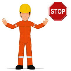 An industrial worker is raise hand to stop