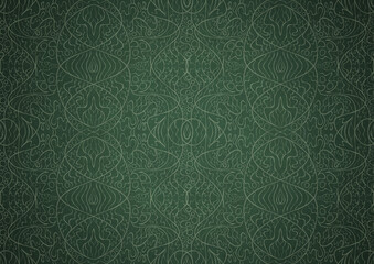 Hand-drawn unique abstract symmetrical seamless ornament. Bright green on a deep warm green with vignette of a darker background color. Paper texture. Digital artwork, A4. (pattern: p02-2b)