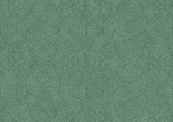 Hand-drawn unique abstract symmetrical seamless ornament. Dark semi transparent green on a light cold green background color. Paper texture. A4. (pattern: p02-2b)