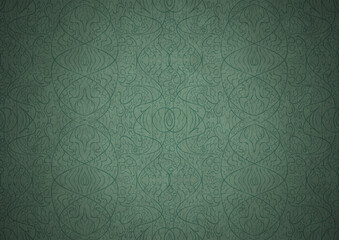 Hand-drawn unique abstract symmetrical seamless ornament. Dark semi transparent green on a light cold green with vignette of a darker background color. Paper texture. A4. (pattern: p02-2b)