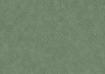 Hand-drawn unique abstract symmetrical seamless ornament. Dark semi transparent green on a light warm green background color. Paper texture. A4. (pattern: p02-2b)