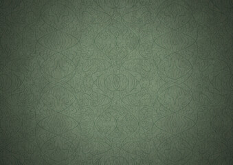 Hand-drawn unique abstract symmetrical seamless ornament. Dark semi transparent green on a light warm green with vignette of a darker background color. Paper texture. A4. (pattern: p02-2b)