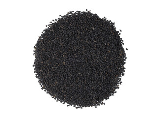 Heap of black sesame seeds on a white background top view. Small dry sesame seeds. Dry spices and spices of Asian cuisine.