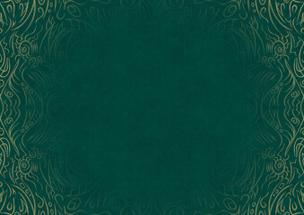 Dark cold green textured paper with vignette of golden hand-drawn pattern. Copy space. Digital artwork, A4. (pattern: p03a)